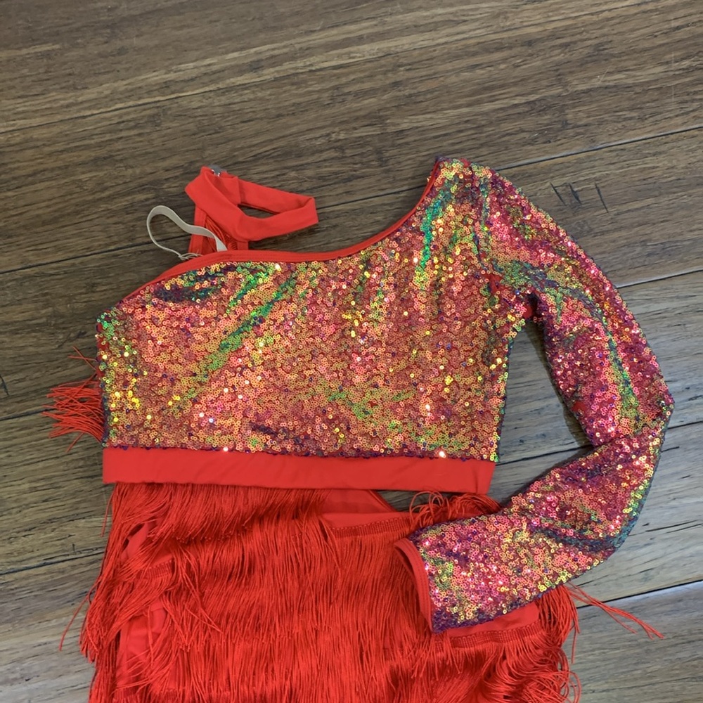 3 Pc Dance Costume Set Adult Small Sequin Top Red Fringe Shorts IridescentPants - Picture 6 of 6